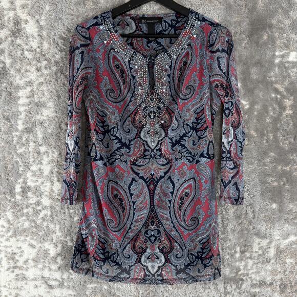 INC International Concepts Size M Paisley Keyhole Beaded Top Long Sleeve - Picture 1 of 7